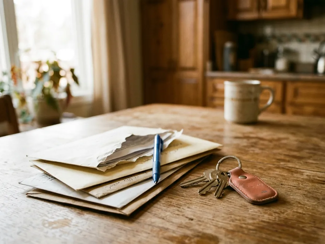 A kitchen table in morning light with a small stack of unopened mail, a pen and a set of keys.