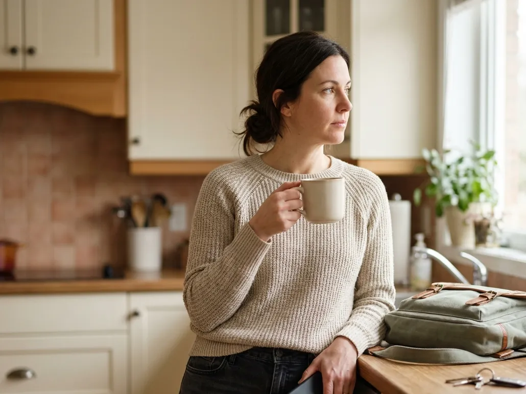 A working parent at a kitchen table, phone in hand, unhurried.