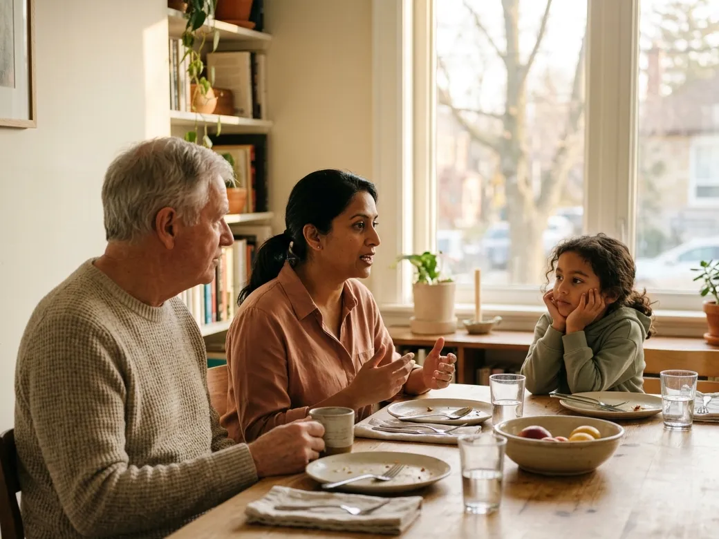 Three generations of one family at a table after a meal.