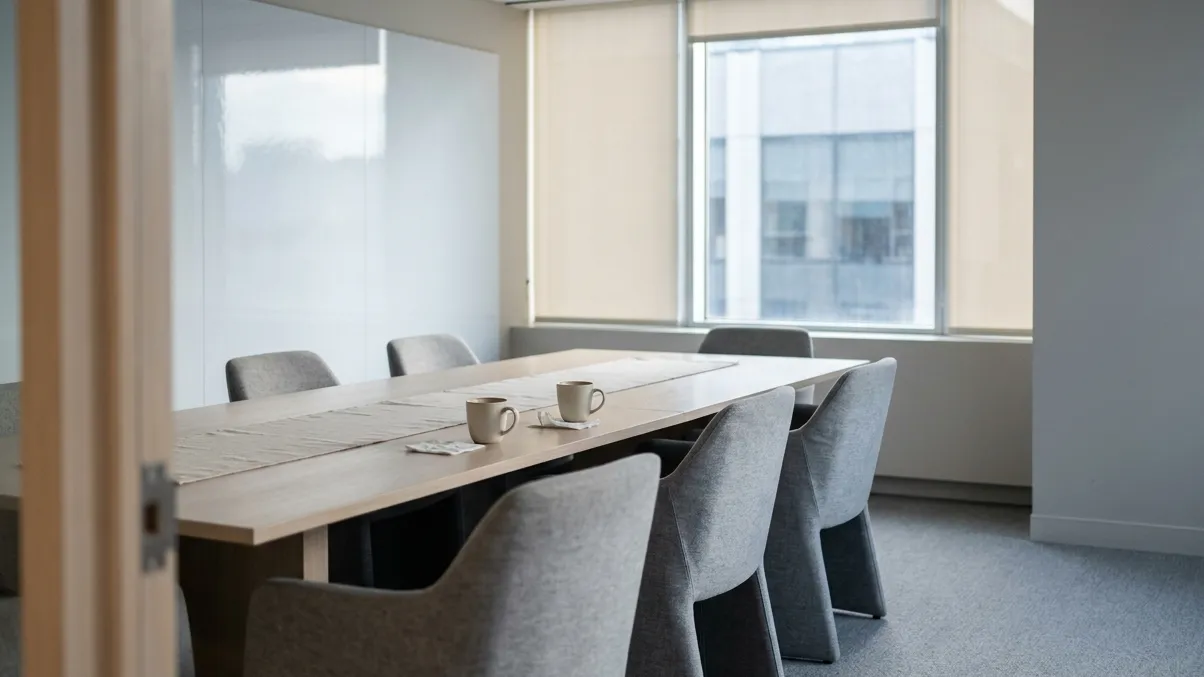 An empty meeting room photographed from the doorway just after a meeting, chairs pushed out and two cups left behind.